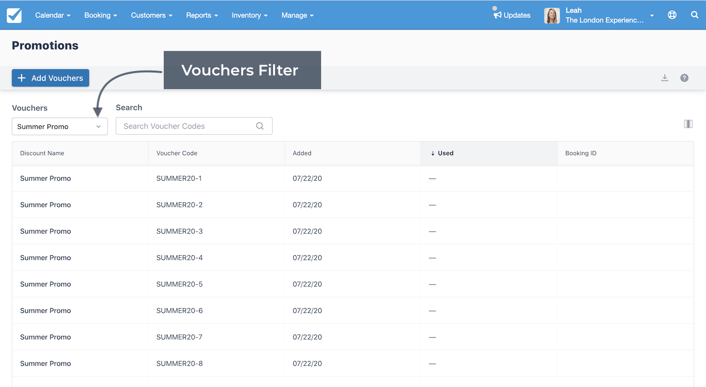 Promotions dashboard highlighting the voucher filter dropdown used to display specific voucher categories.