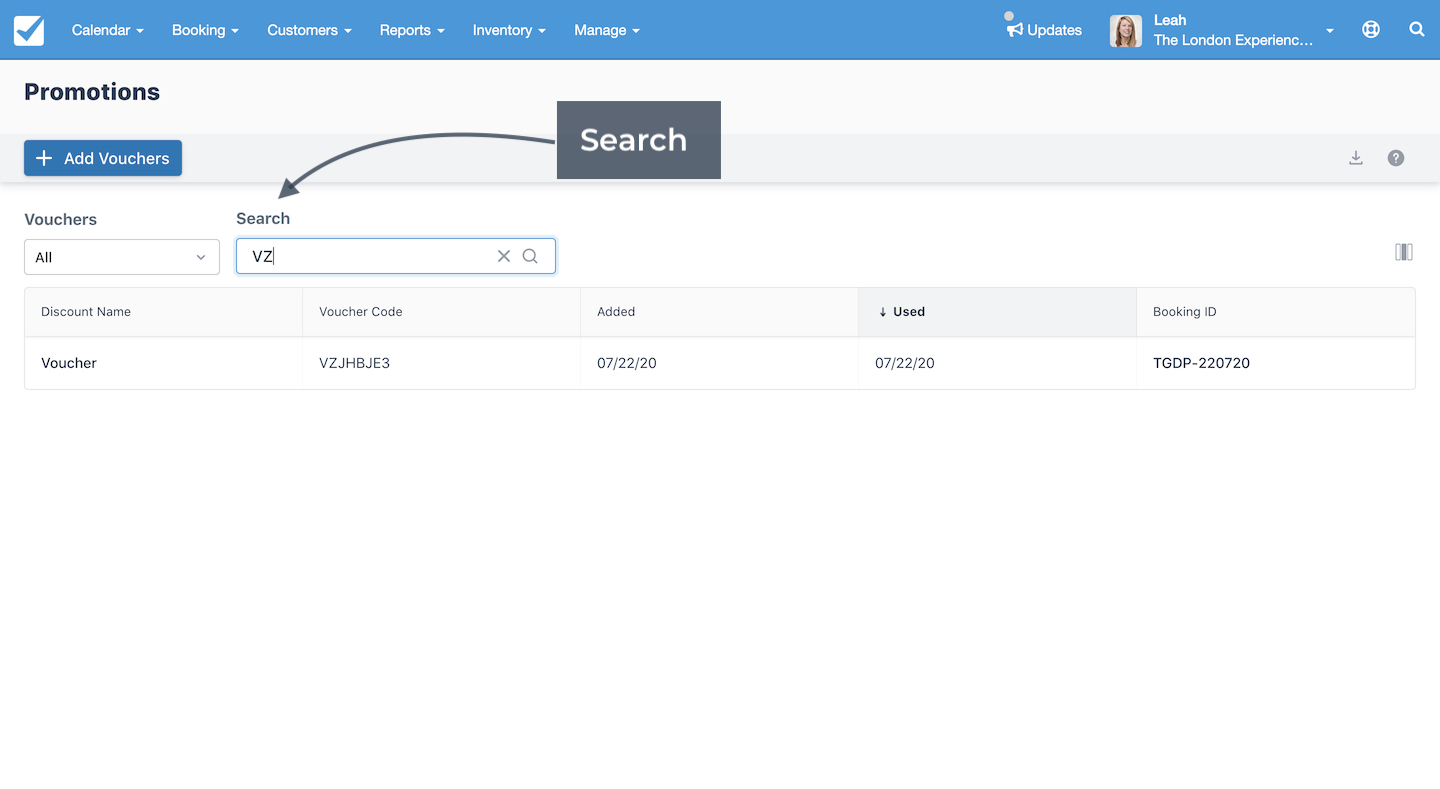Promotions dashboard focusing on the search bar used to find voucher codes.