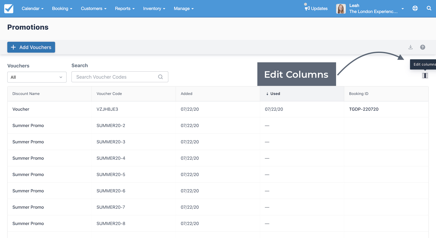 Promotions page highlighting the edit columns button for customizing visible voucher data.