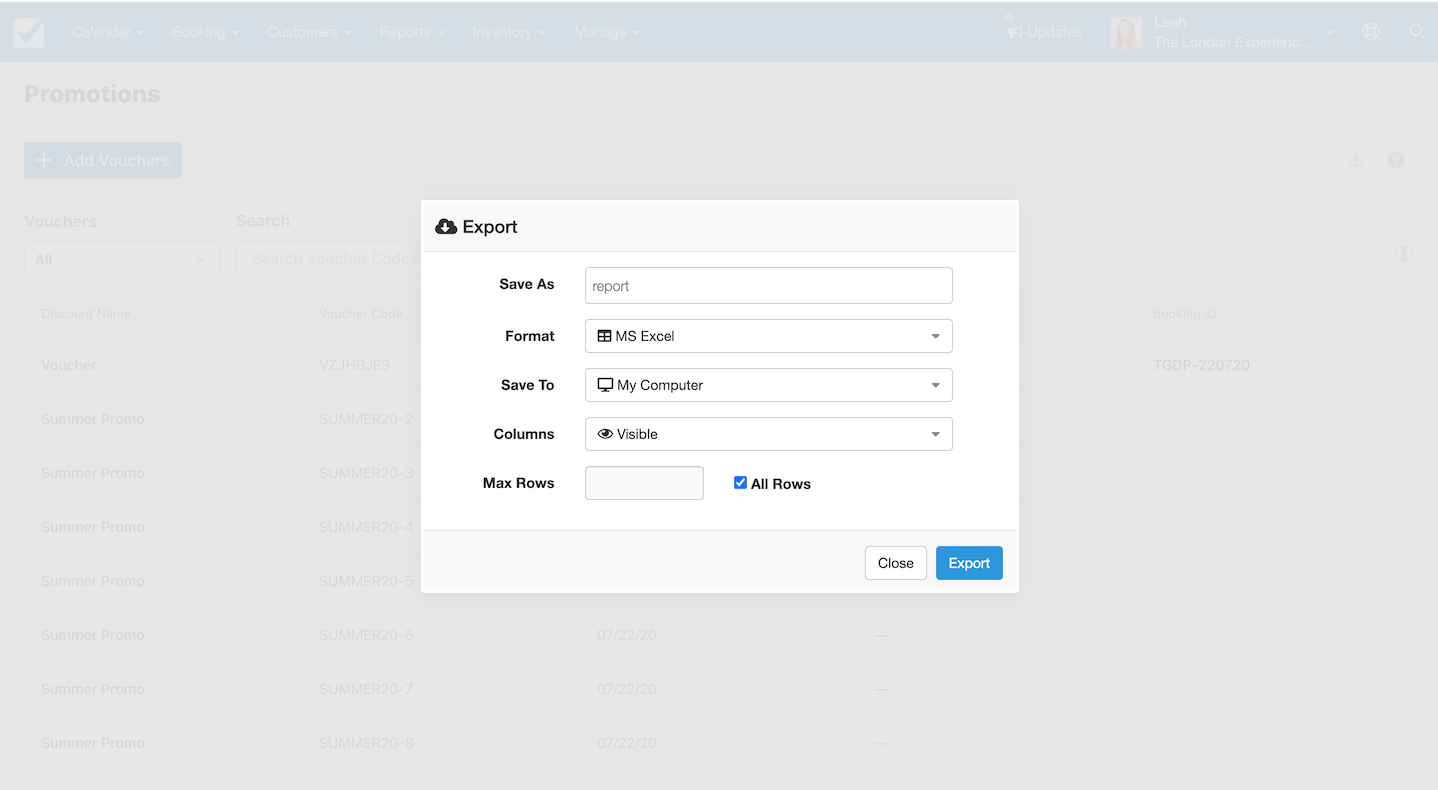 Export settings window for promotions report showing file format and save options.