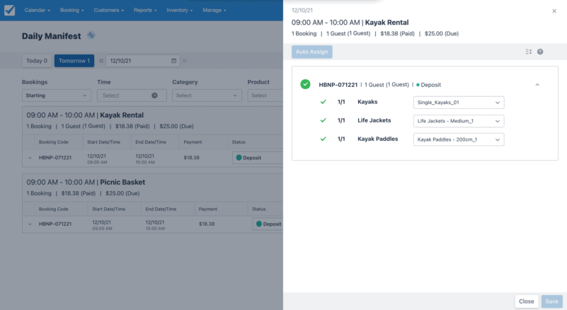 Daily manifest showing how to expand and collapsse the list of assets assignments under each booking for managing long lists.