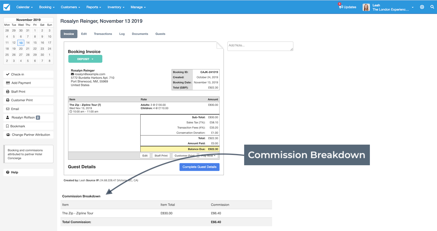 Booking invoice page showing commission breakdown for a zipline tour including total amount, taxes, and earned commission.