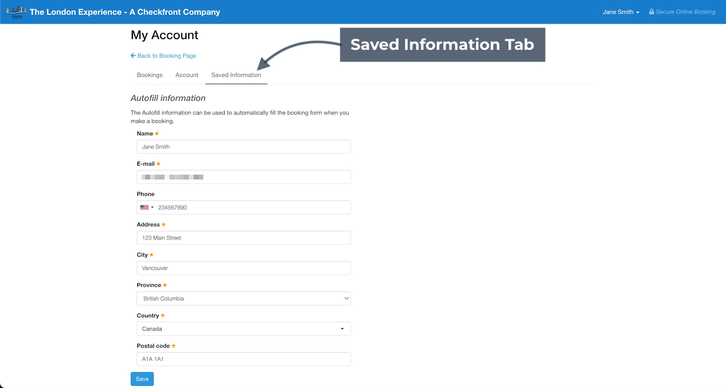 Saved information tab displaying autofill fields for name, email, phone, address, city, province, country, and postal code.