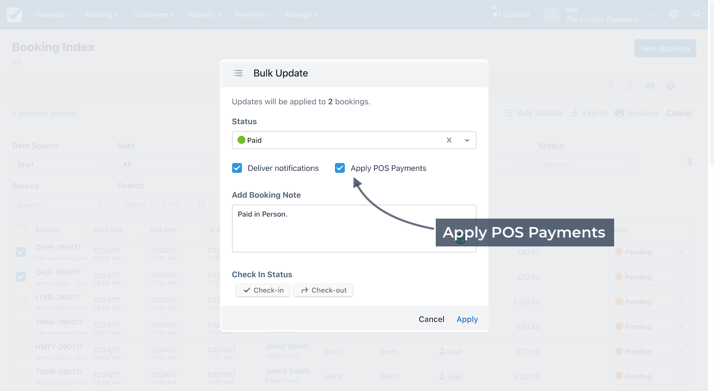 Booking Index Update Apply POS Payment
