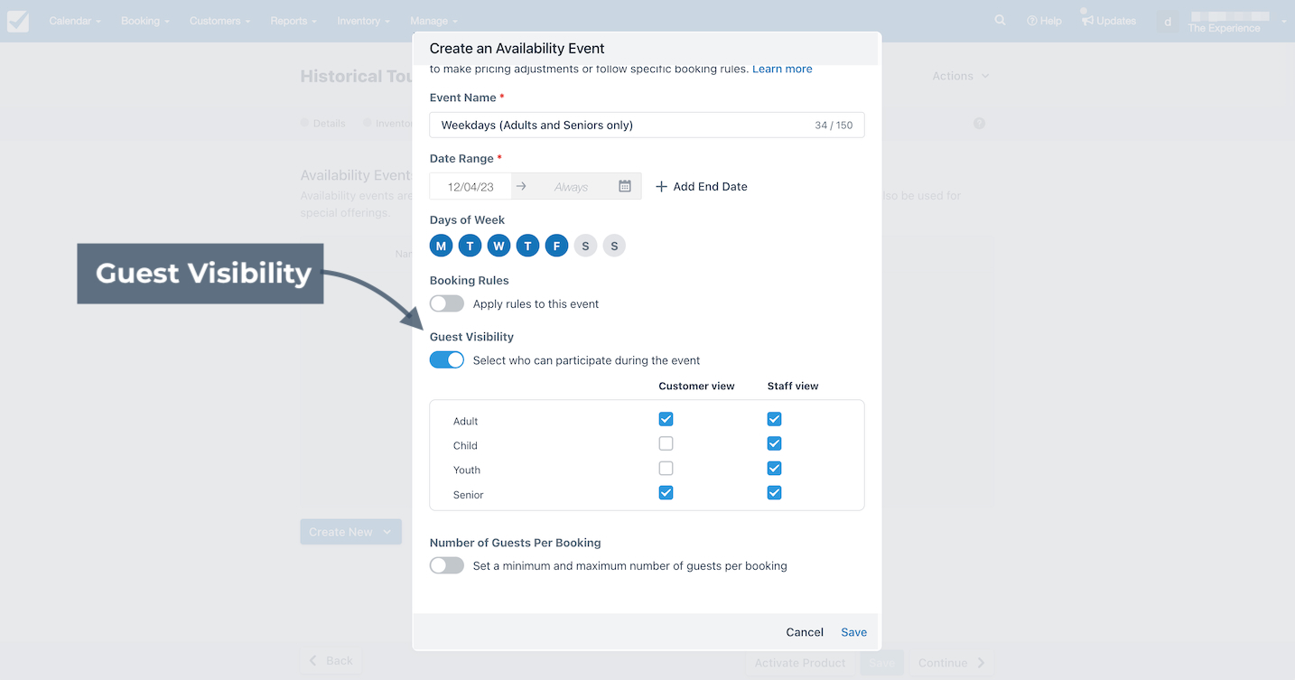 Create an availability event screen with guest visibility enabled showing adults and seniors selected while children and youth are not.