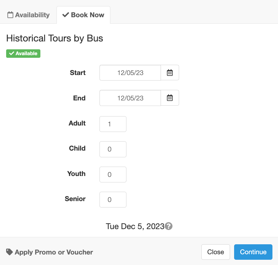 Booking form for historical tours by bus with adults, children, youth, and seniors listed as guest options.