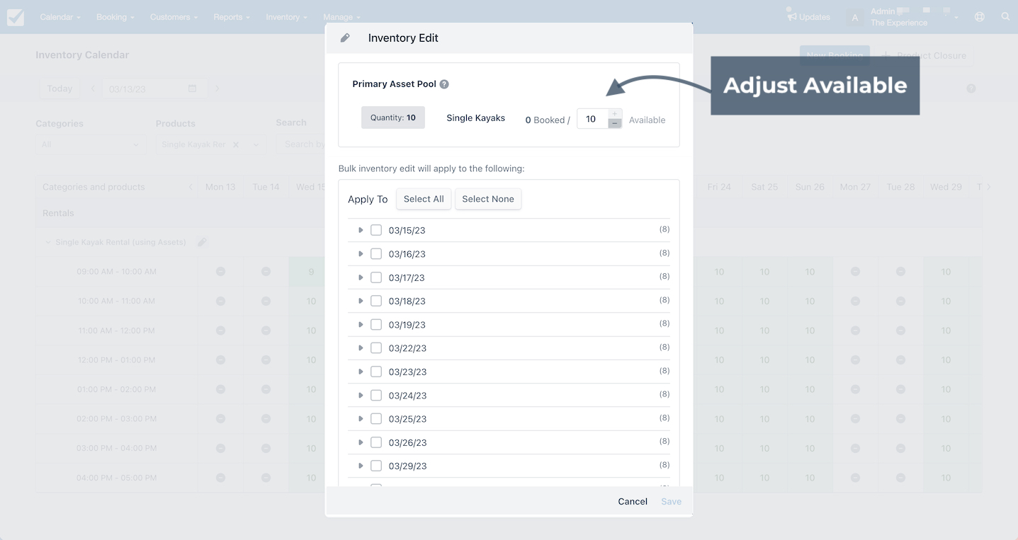 Inventory edit window highlighting adjust available field to update number of assets.