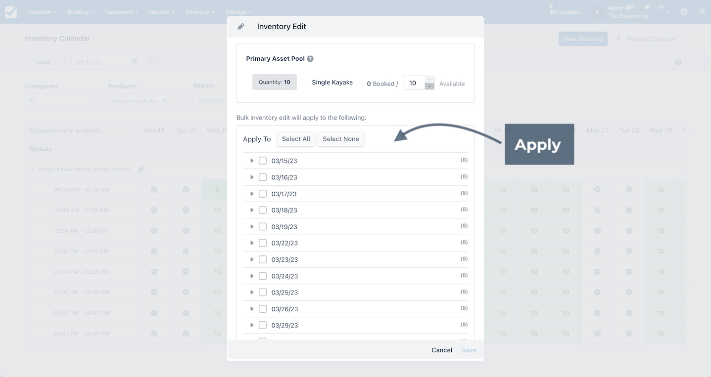 Inventory edit window highlighting apply options to select dates for bulk inventory changes.
