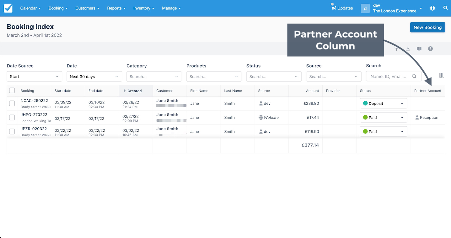 Booking Index Partner Column
