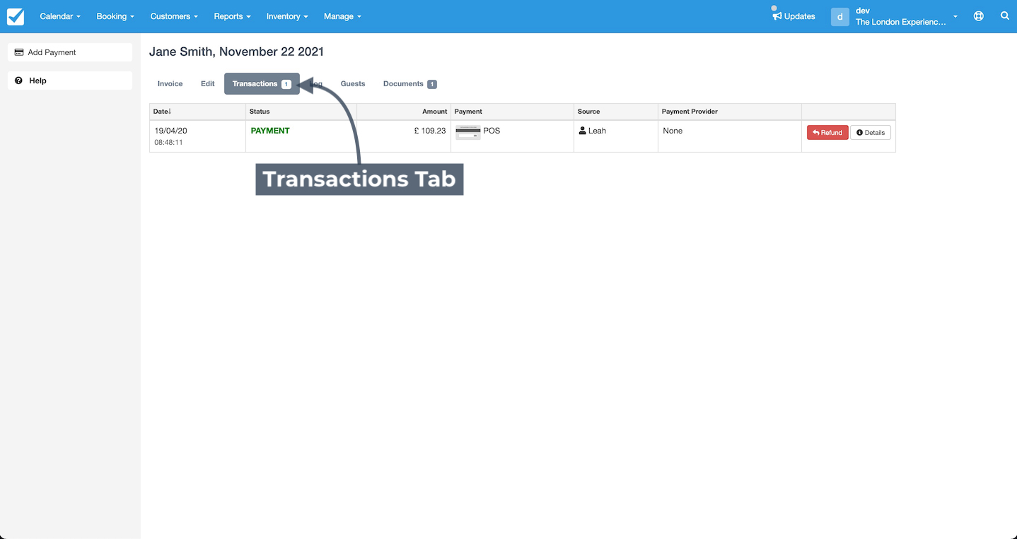 Booking Transactions Tab