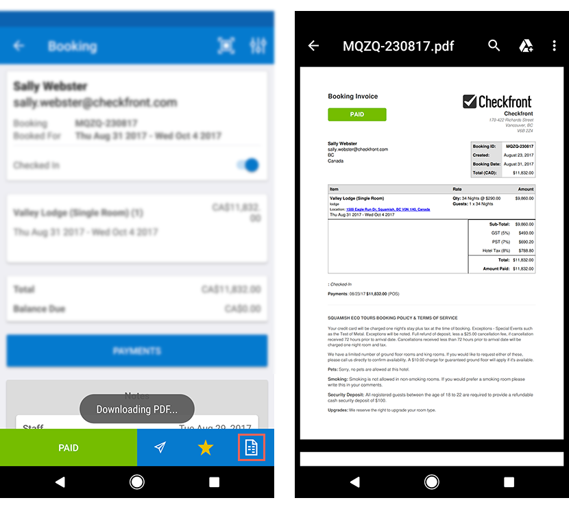 Booking detail screen on the left showing PDF download icon highlighted, and on the right the opened booking invoice PDF displaying Sally Webster’s reservation details, charges, and payment status marked as Paid.