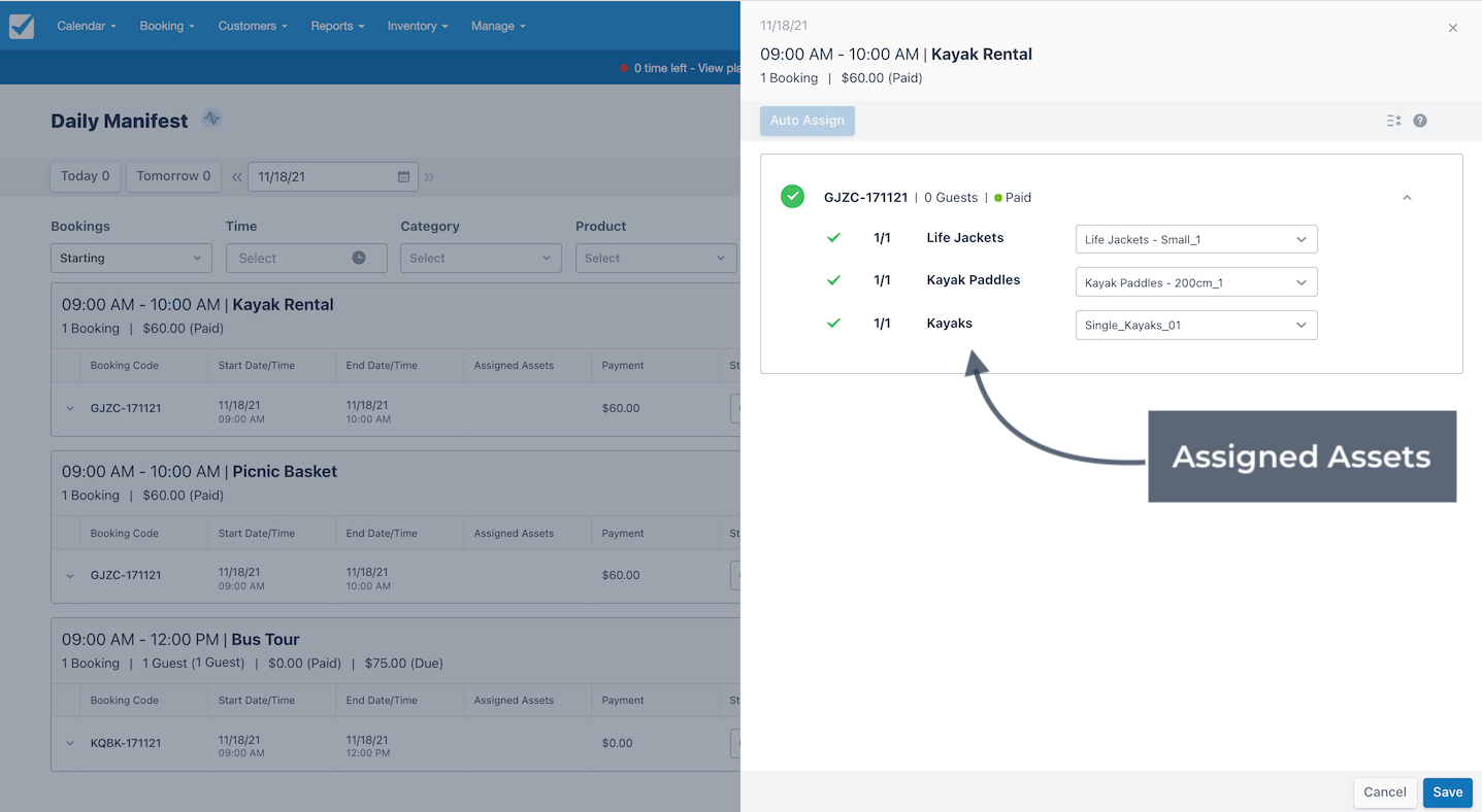 Daily manifest showing assigned assets for a kayak rental booking including life jackets, kayak paddles, and kayaks.