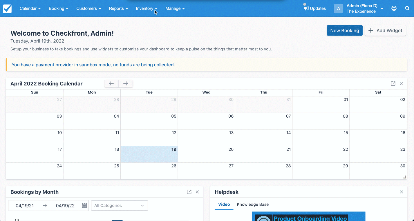 Animated walkthrough of the Checkfront Admin Dashboard showing navigation to the Inventory menu with dropdown options for managing products, assets, categories, product closures, custom rates, discounts, gift certificates, and new products.