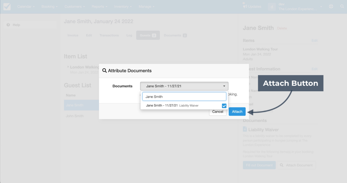 Attach Documents pop-up window showing a dropdown to select a document and an arrow pointing to the Attach button.