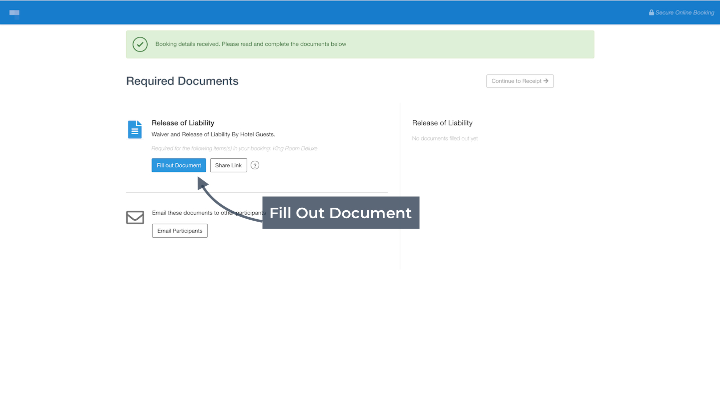 The required documents page with the Fill Out Document button highlighted to begin completing a waiver.