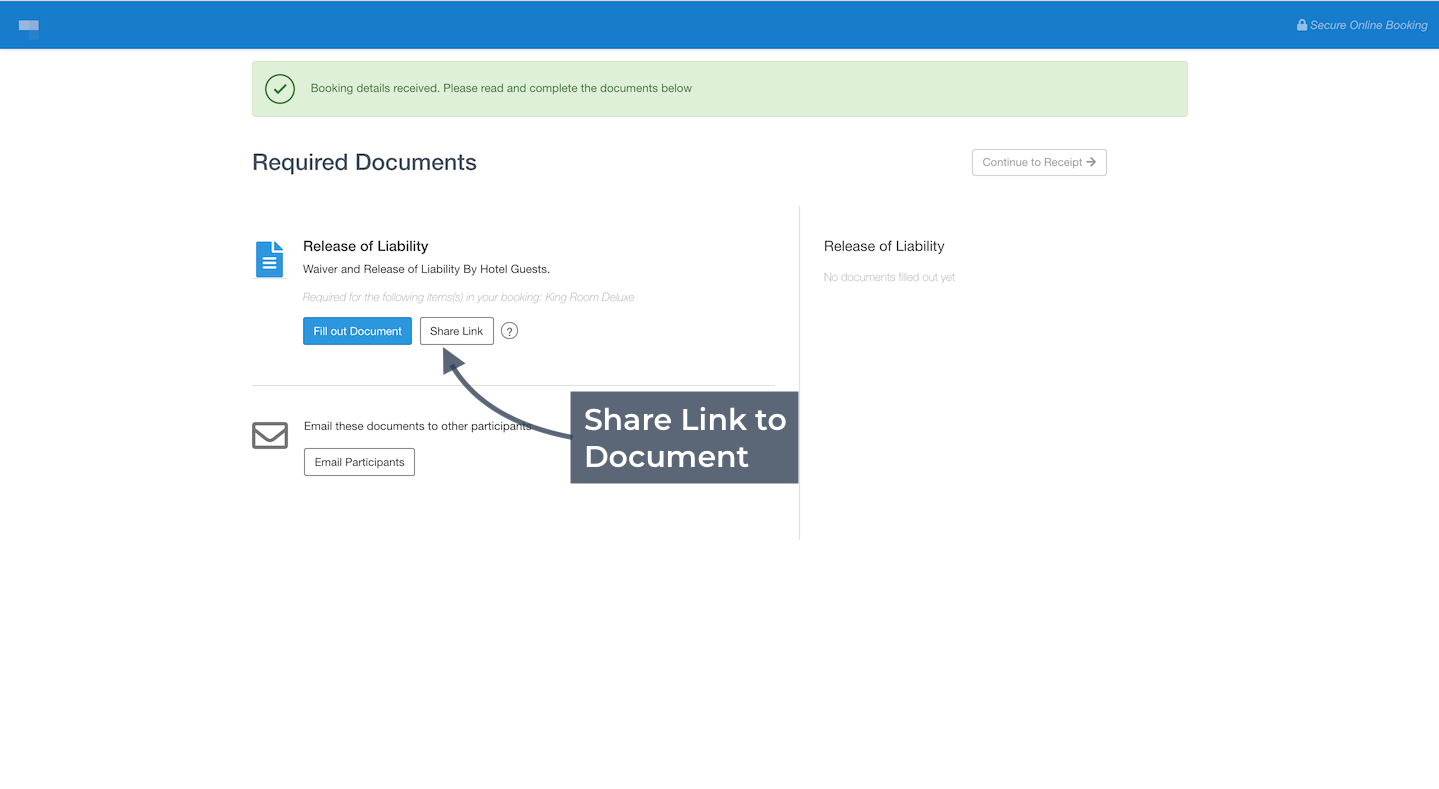 The required documents page with the Share Link button highlighted to generate a link for sharing the waiver.