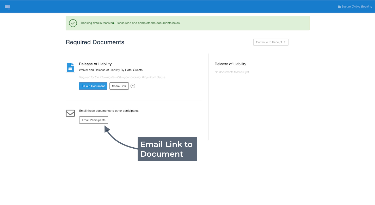 The required documents page with the Email Participants button highlighted to send the waiver link to other participants.