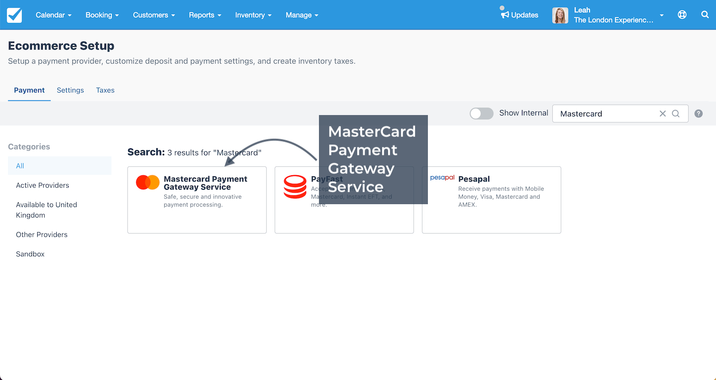Ecommerce Setup page showing Mastercard Payment Gateway Service as a provider option with the service highlighted.