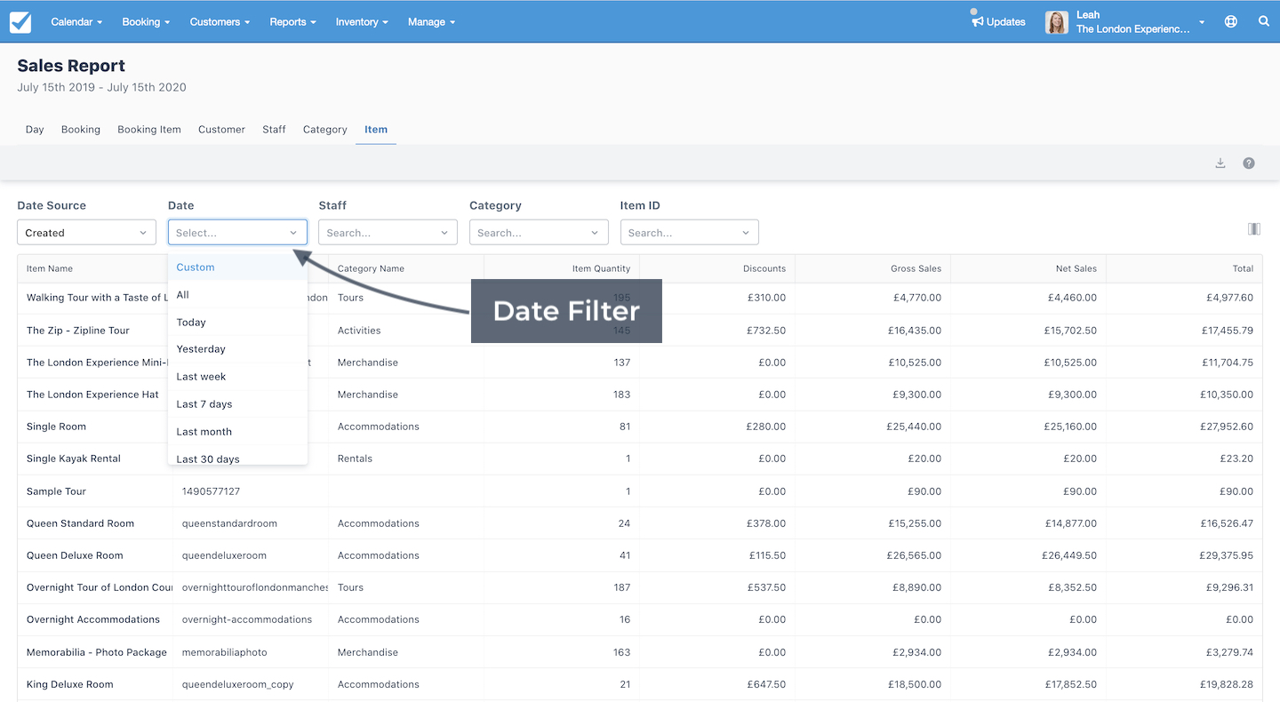 Sales report item tab highlighting the date filter dropdown for selecting time range.