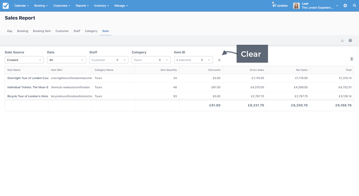Sales report item tab highlighting the clear button for resetting selected filters.