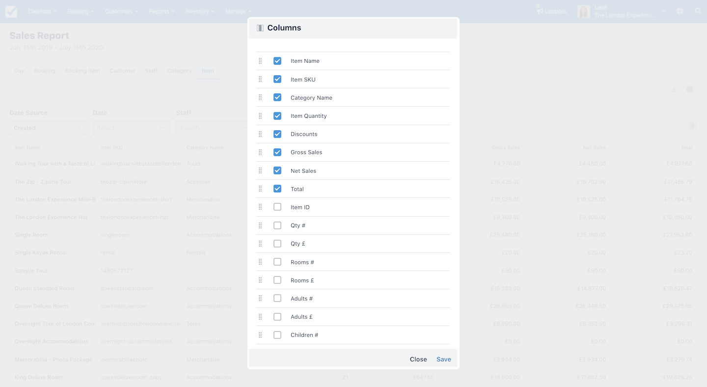 Columns settings window showing selectable options for visible data fields in the sales report.