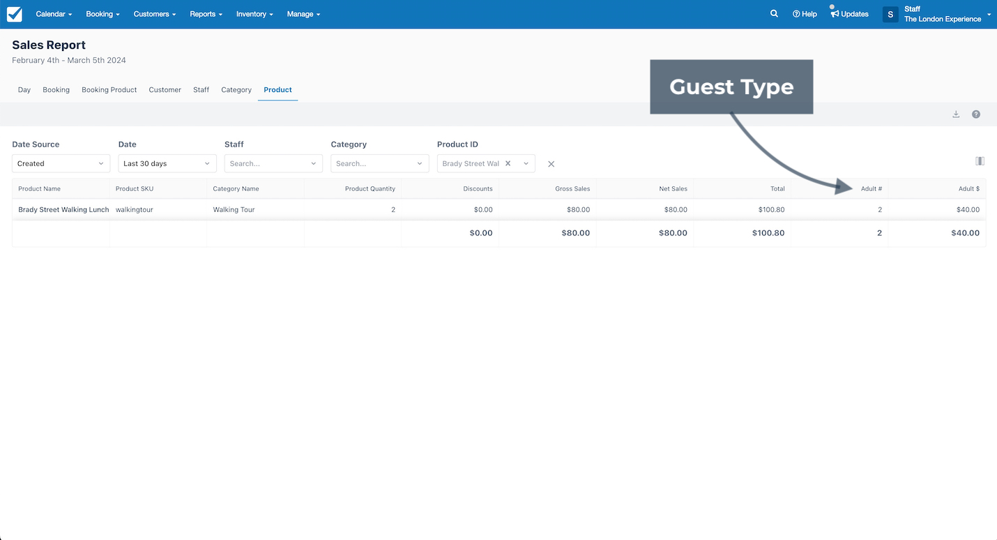 Sales report product tab highlighting guest type column showing adult number and amount.