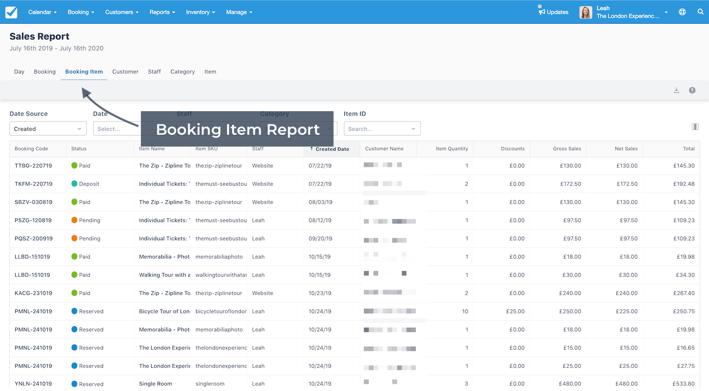 Sales report booking item tab showing detailed list of bookings with totals and statuses.