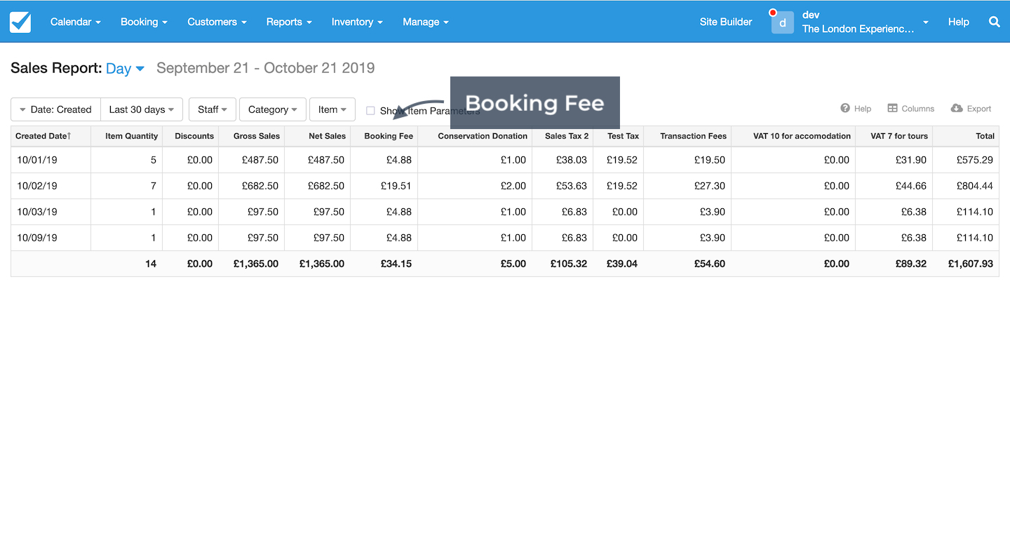 Sales report table displaying booking fee column with transaction amounts and totals highlighted.