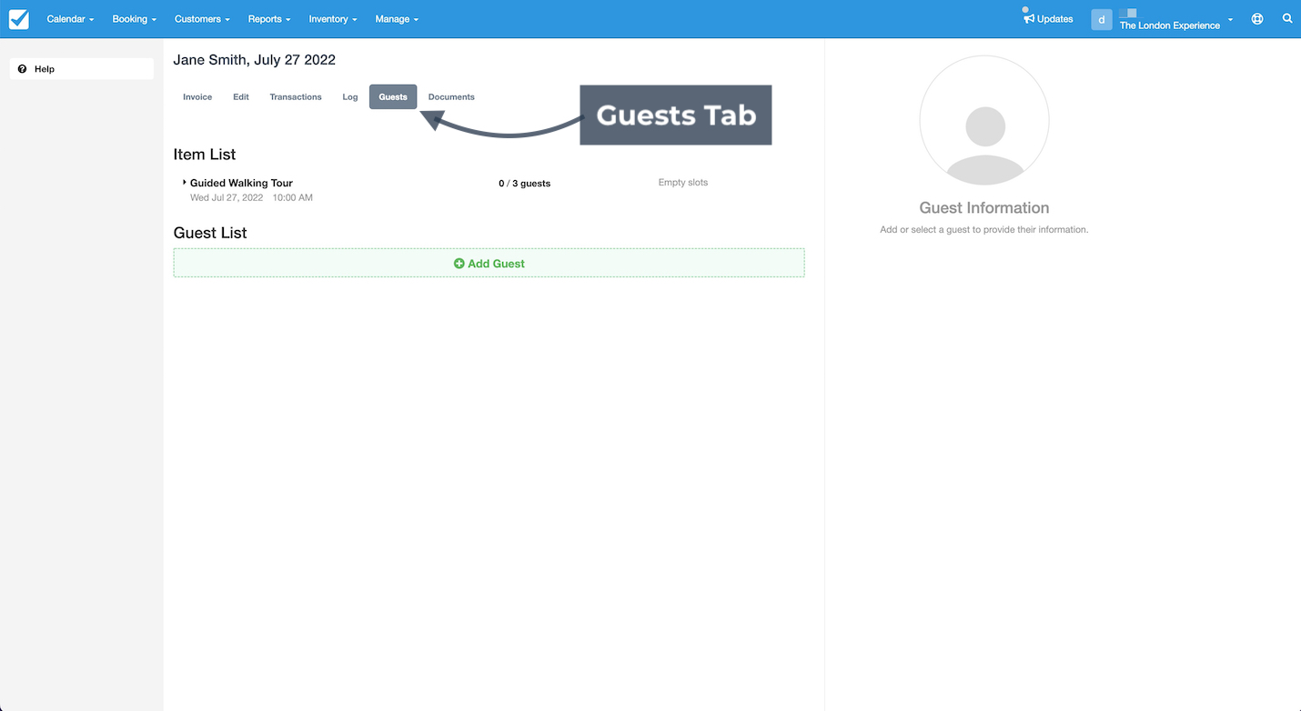 Booking screen showing the Guests tab selected to view and manage the guest list for the reservation.