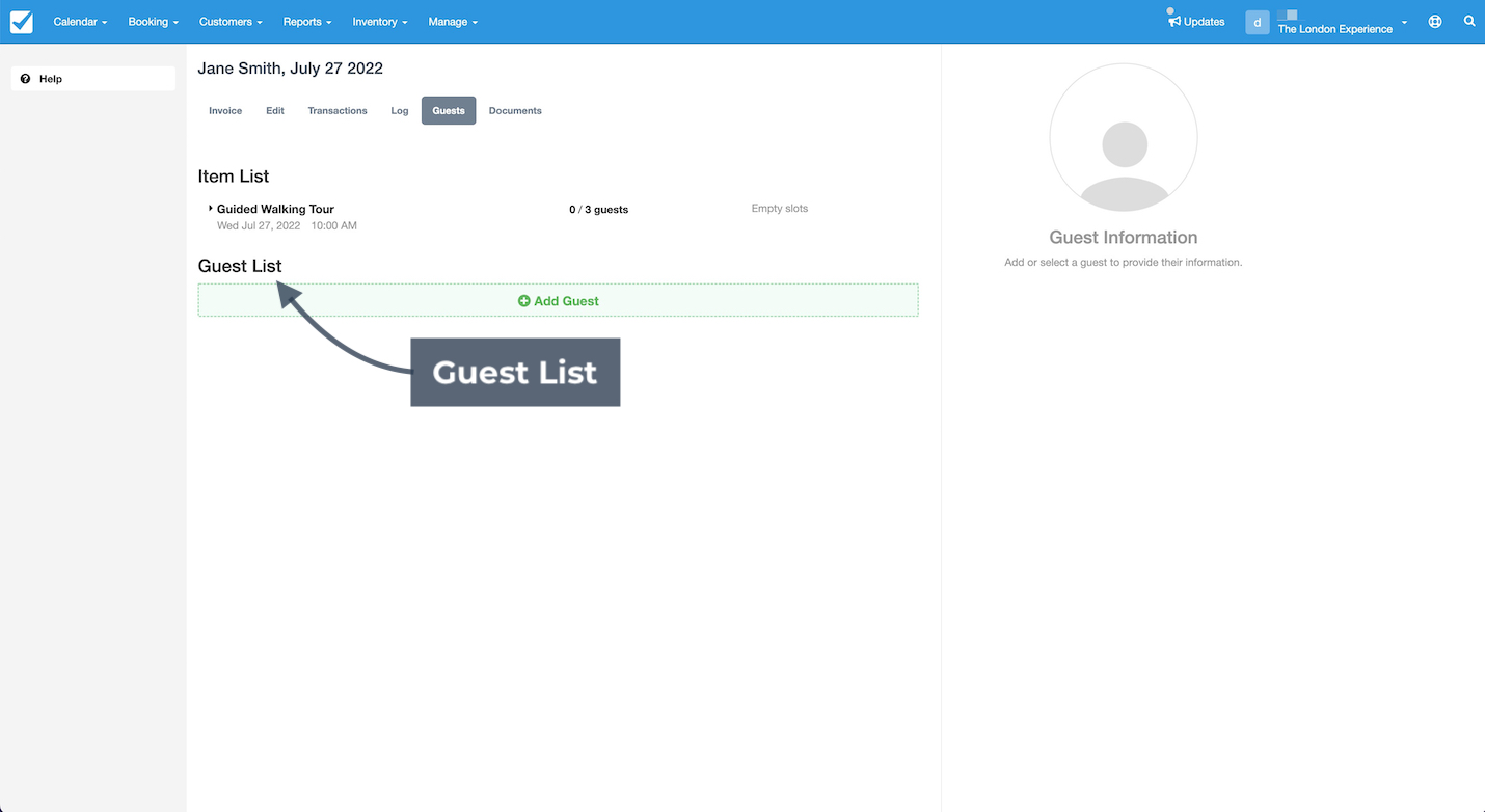 Booking screen highlighting the Guest List section where guest names will appear once added.