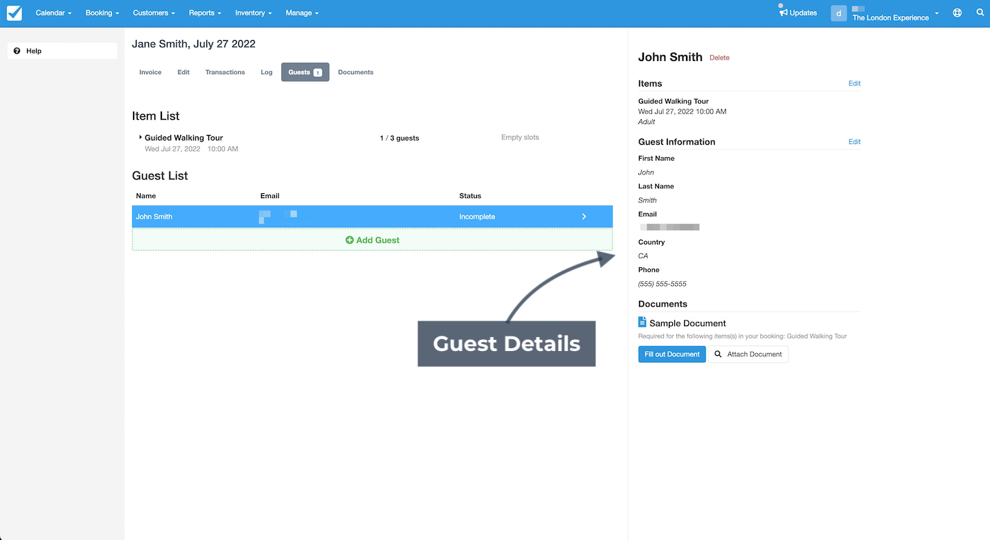 Booking screen showing guest details displayed after selecting a guest from the guest list.