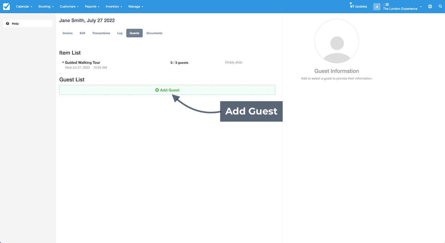 Booking screen highlighting the Add Guest button used to add a new guest to the booking.