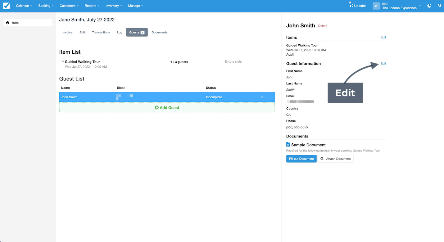 Booking screen highlighting the Edit link to update guest information details.