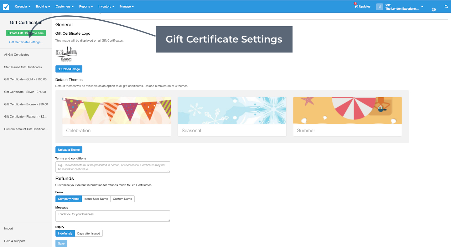 Gift Certificate Settings page highlighting the section for managing logos, default themes, terms, refund details, and expiry options.