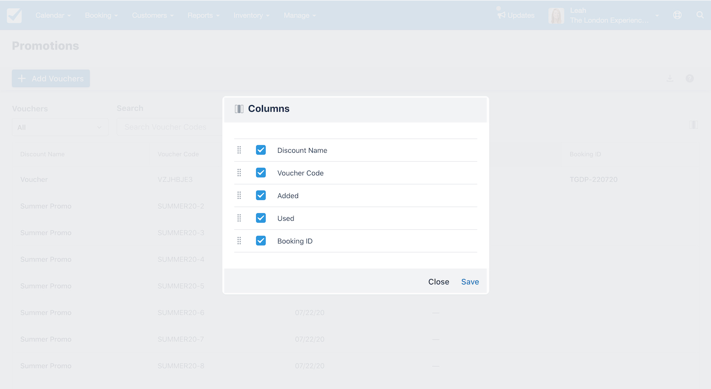 Promotions settings window displaying selectable column options for voucher information.