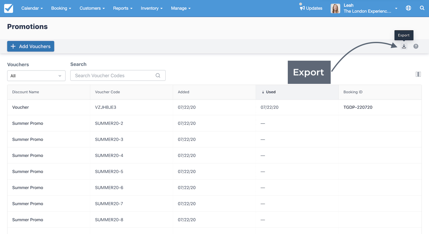 Promotions page highlighting the export button for downloading voucher report data.