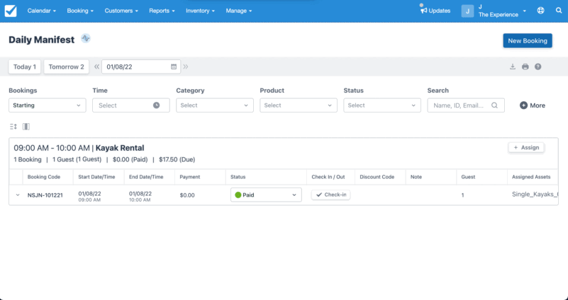 Daily manifest showing how to change assets assignments for a booking.