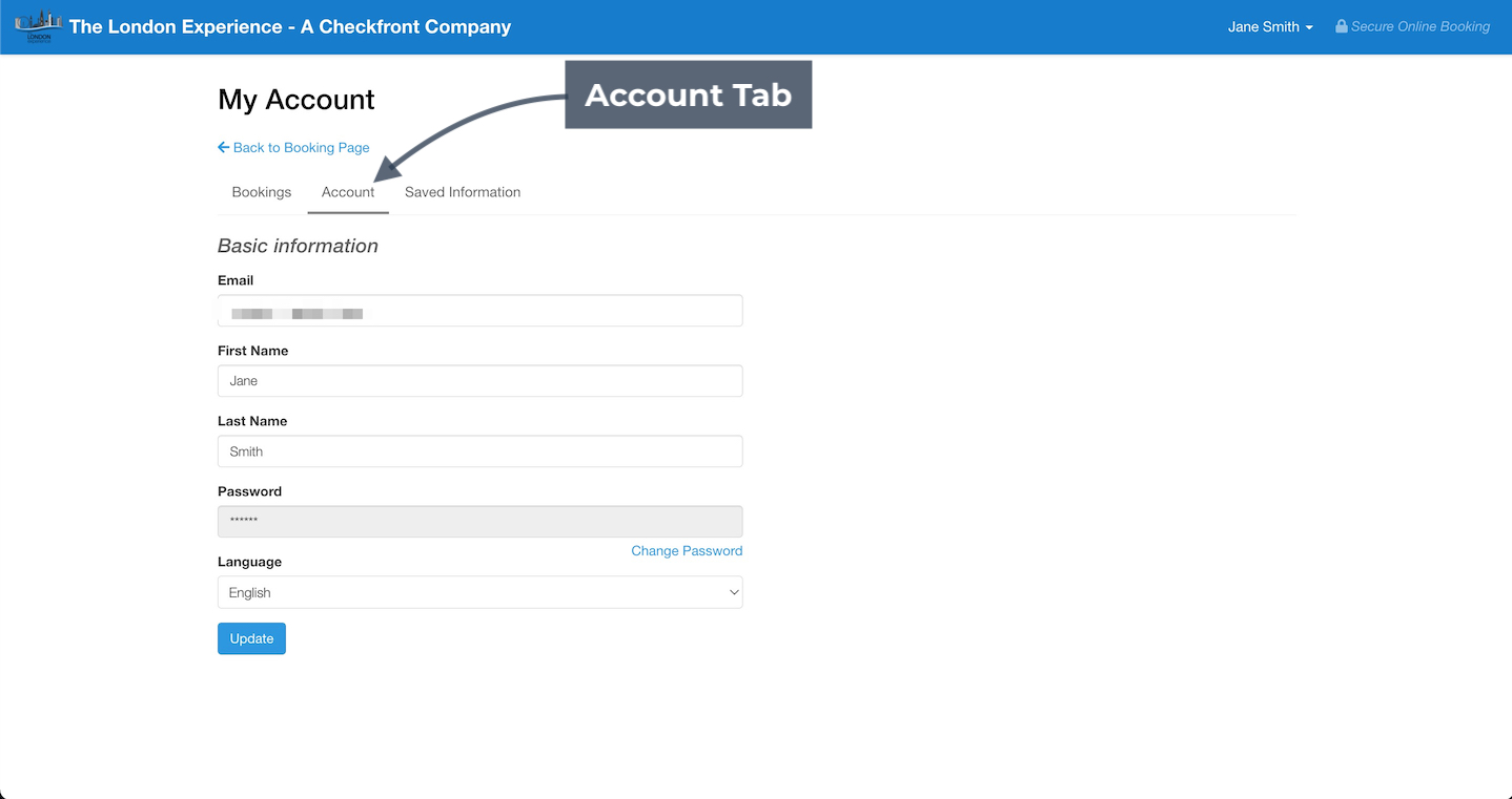 Account settings page showing the account tab with fields for email, name, password, language, and update button.
