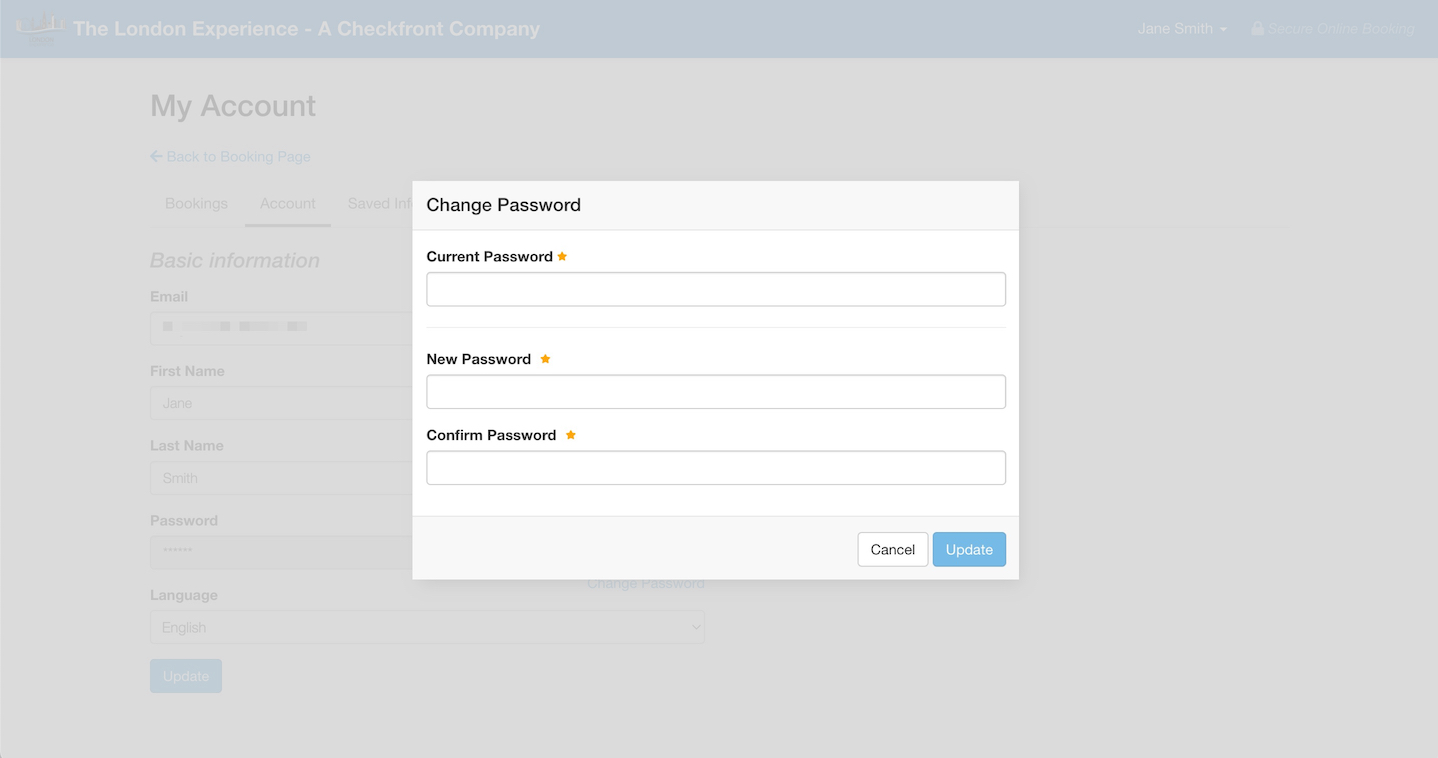 Change password window with fields for current password, new password, and confirm password.
