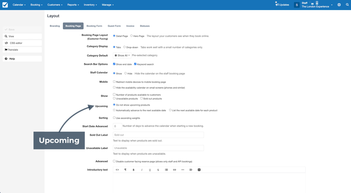 Layout settings screen with arrow pointing to the Upcoming option in booking page settings.