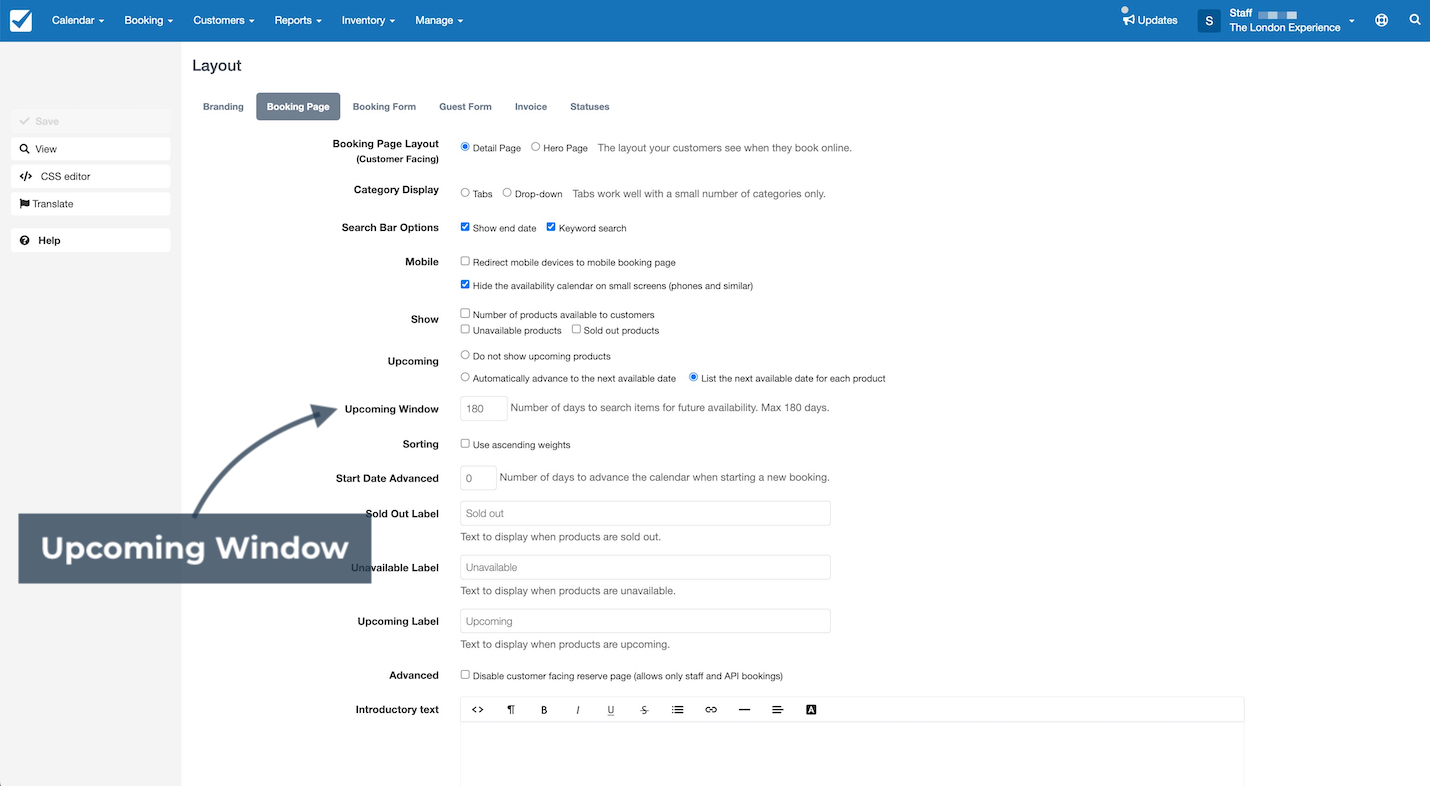 Layout settings screen showing booking page configuration with arrow highlighting the Upcoming Window field.
