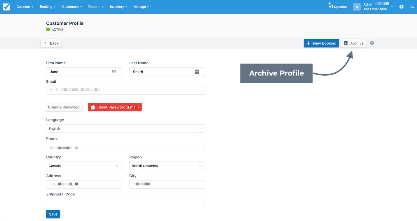 Customer profile screen highlighting the archive button option for archiving a customer account.