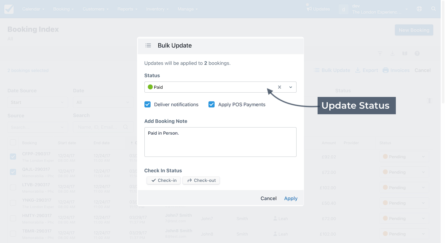 Booking Index Update Moldal Status