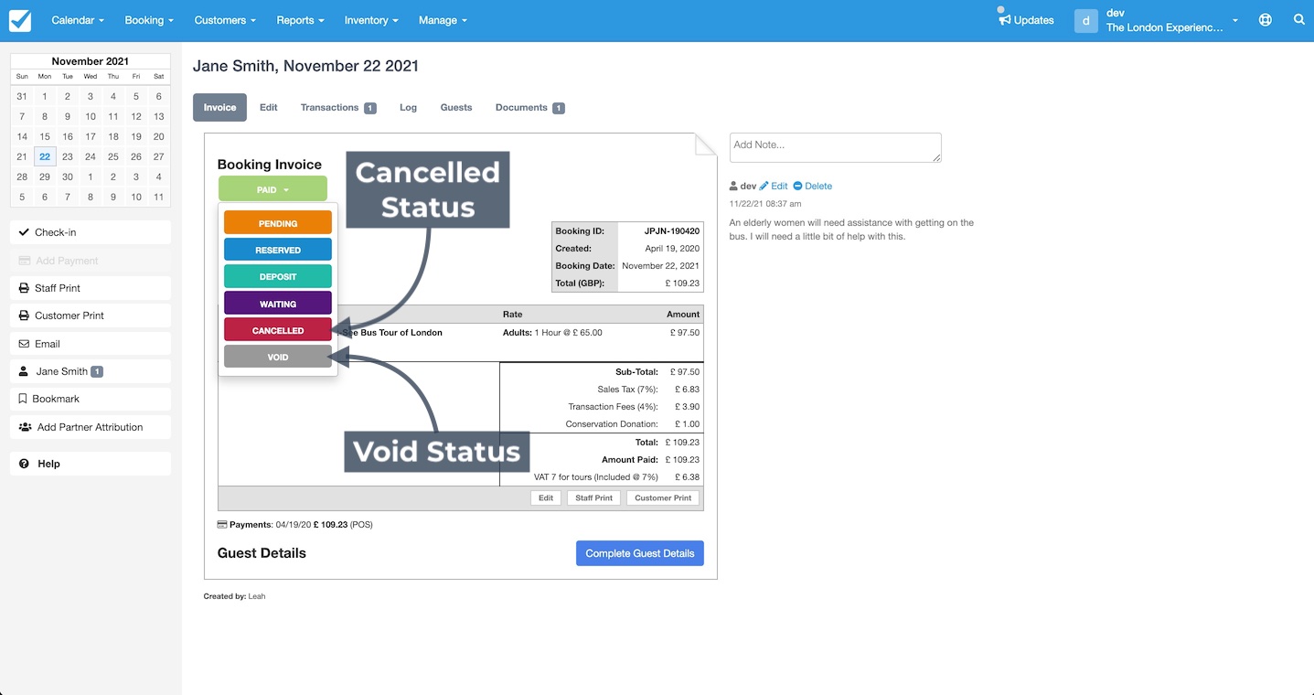 Booking invoice screen showing cancelled and void status options with dropdown menu highlighted.