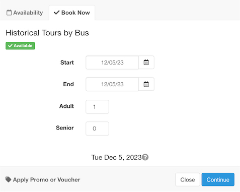Booking form for historical tours by bus showing only adults and seniors as guest options.