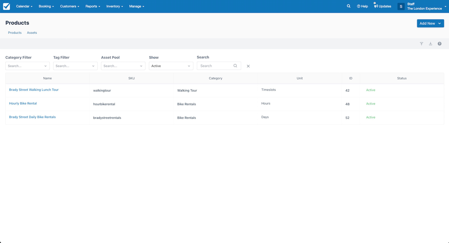Products page showing a list of active items including Brady Street Walking Lunch Tour, Hourly Bike Rental, and Brady Street Daily Bike Rentals with category, SKU, unit, ID, and status details.