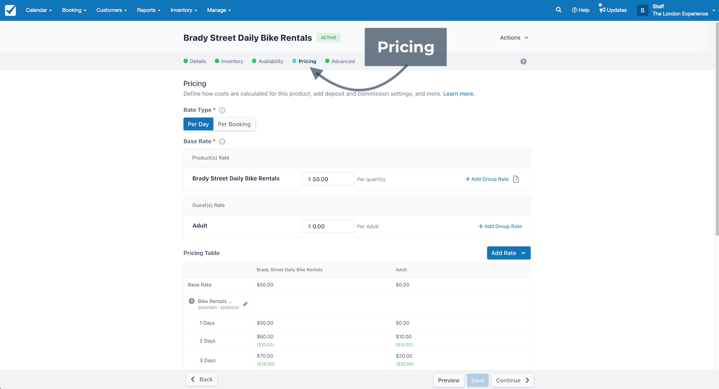 Brady Street Daily Bike Rentals pricing tab displaying base rates, guest rates, and a detailed pricing table with per-day costs and discounts.