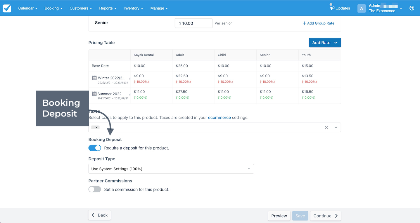 Product pricing screen highlighting the Booking Deposit section with toggle and deposit type settings beneath a seasonal pricing table.