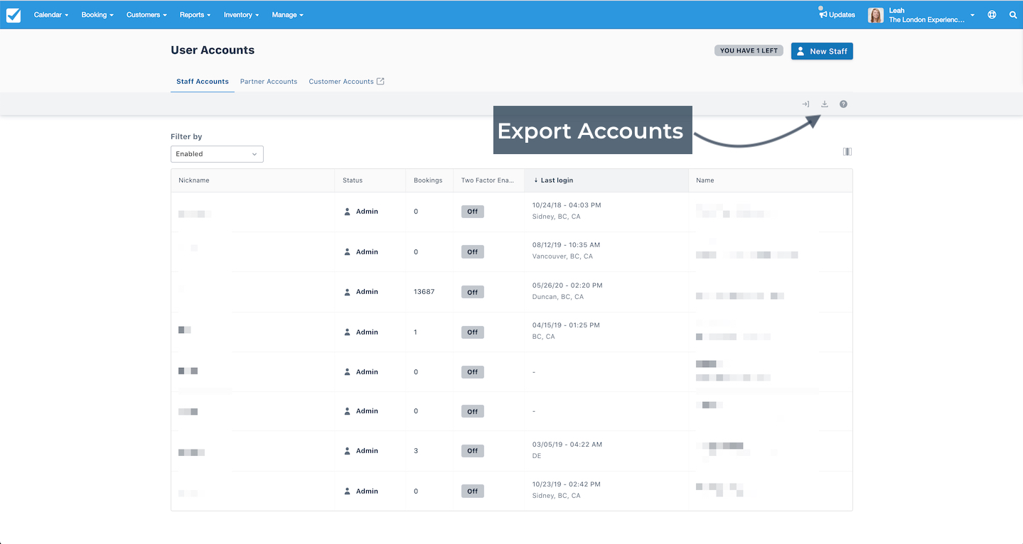 The User Accounts page highlights the export accounts button used to download staff account information.