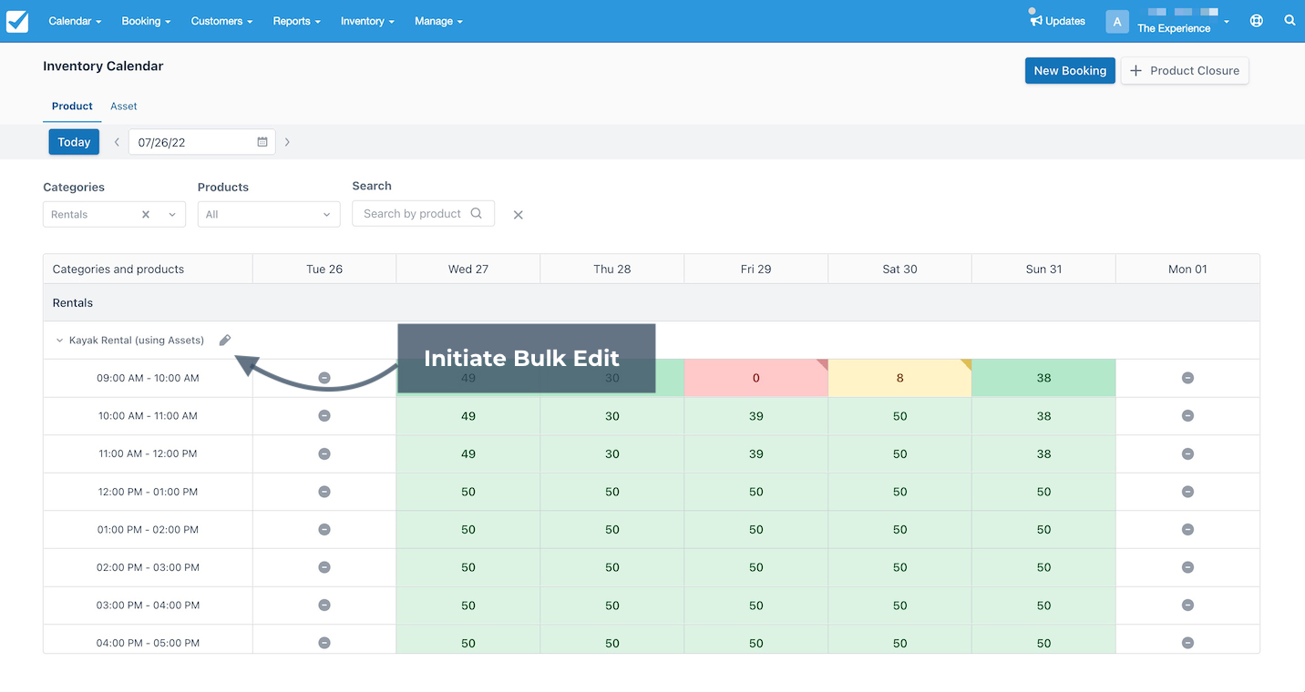 Inventory calendar view highlighting initiate bulk edit option beside product name.